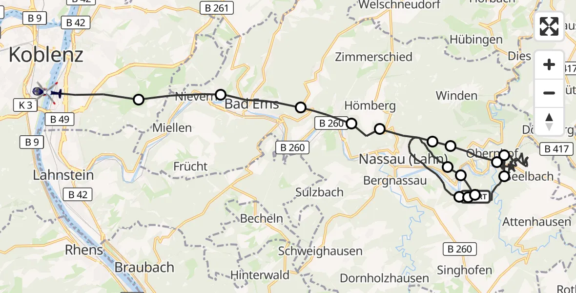 Flugroute Polizeihubschrauber Seelbach - Koblenz, 09 September 2026, 20:45