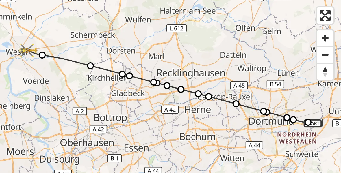 Flugroute Rettungshubschrauber Dortmund Flughafen - Wesel, 09 September 2026, 21:19