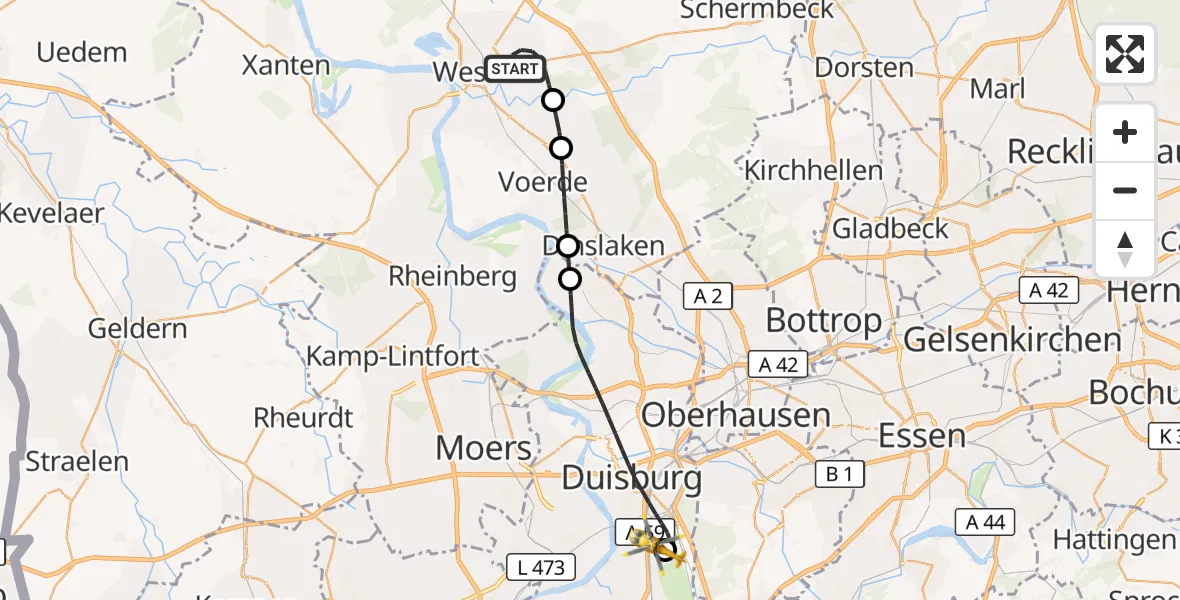 Flugroute Rettungshubschrauber Wesel - Sana Clinic Duisburg Hubschrauberlandeplatz, 09 September 2026, 22:12