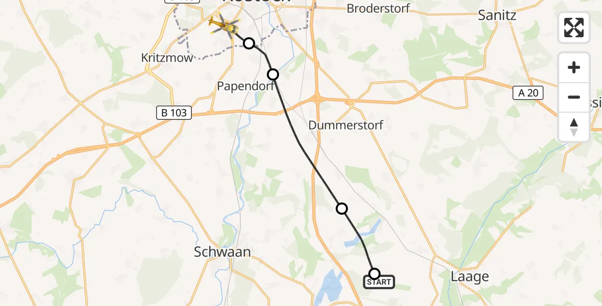 Flugroute Rettungshubschrauber Flughafen Rostock-Laage - Rostock, 09 September 2026, 22:40