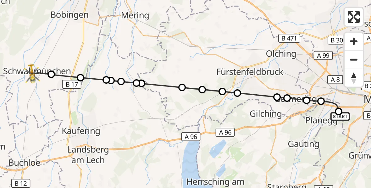 Flugroute Rettungshubschrauber DRF Air Rescue München Hubschrauberlandeplatz - Schwabmünchen, 09 September 2026, 22:40