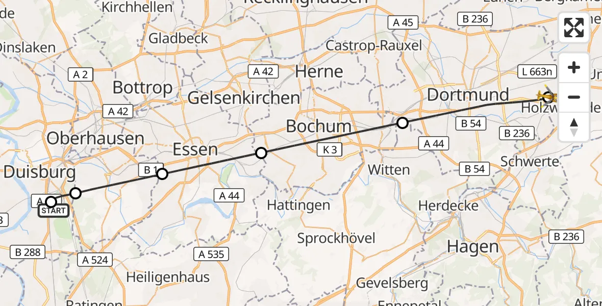 Flugroute Rettungshubschrauber Sana Clinic Duisburg Hubschrauberlandeplatz - Dortmund Flughafen, 09 September 2026, 22:57