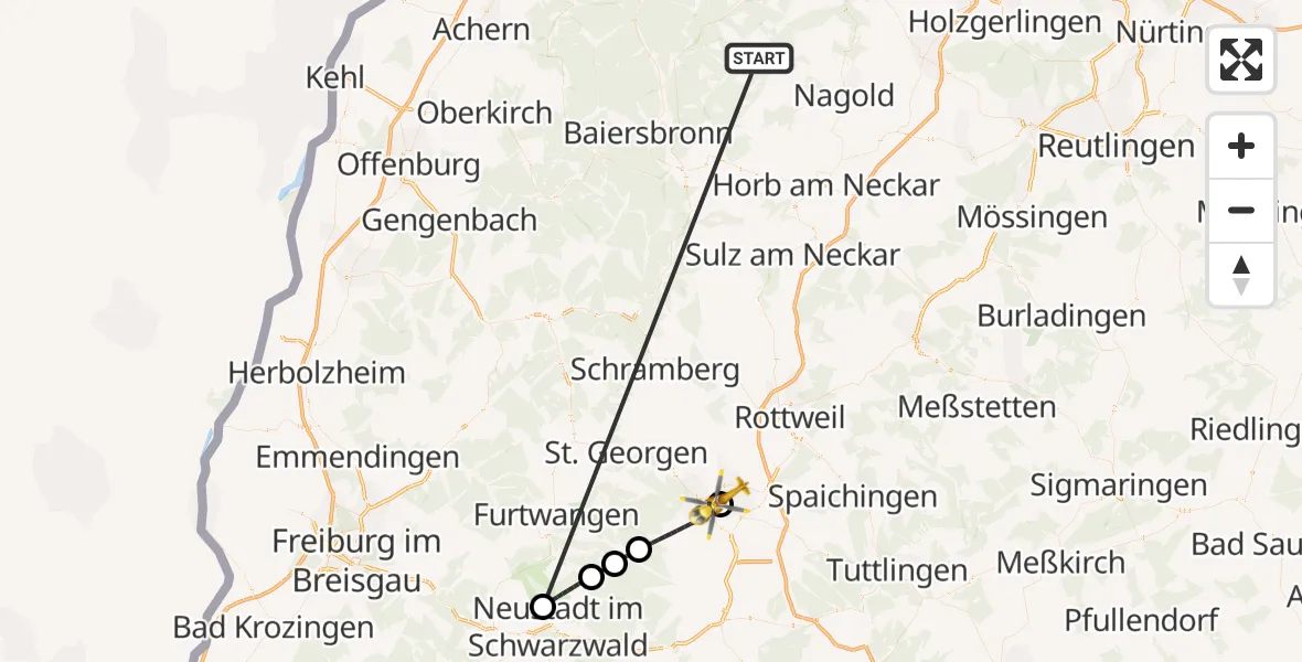 Flugroute Ambulanzhubschrauber Altensteig - DRF Air Rescue Station Villingen-Schwenningen Hubschrauberlandeplatz (Christoph 11), 10 September 2026, 01:05