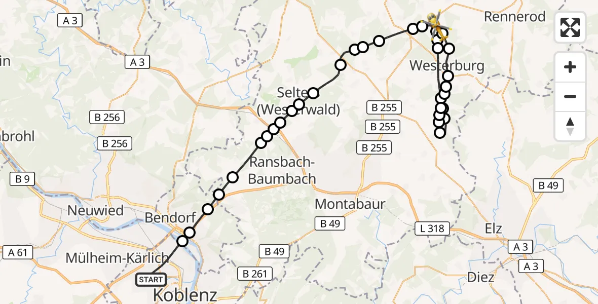 Flugroute Rettungshubschrauber Koblenz - Ailertchen, 10 September 2026, 05:11