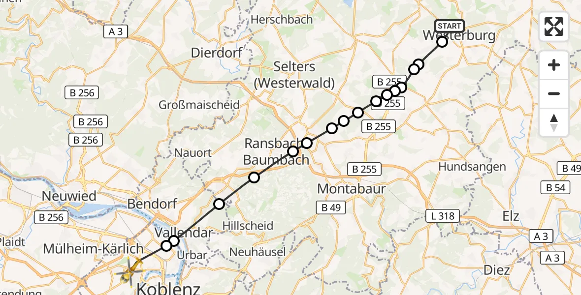 Flugroute Rettungshubschrauber Westerburg - Koblenz, 10 September 2026, 05:49