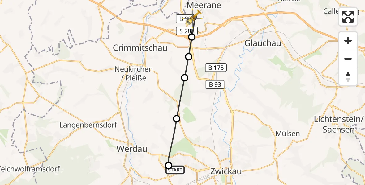 Flugroute Rettungshubschrauber ADAC Air Rescue Station Zwickau Hubschrauberlandeplatz - Meerane, 10 September 2026, 05:59