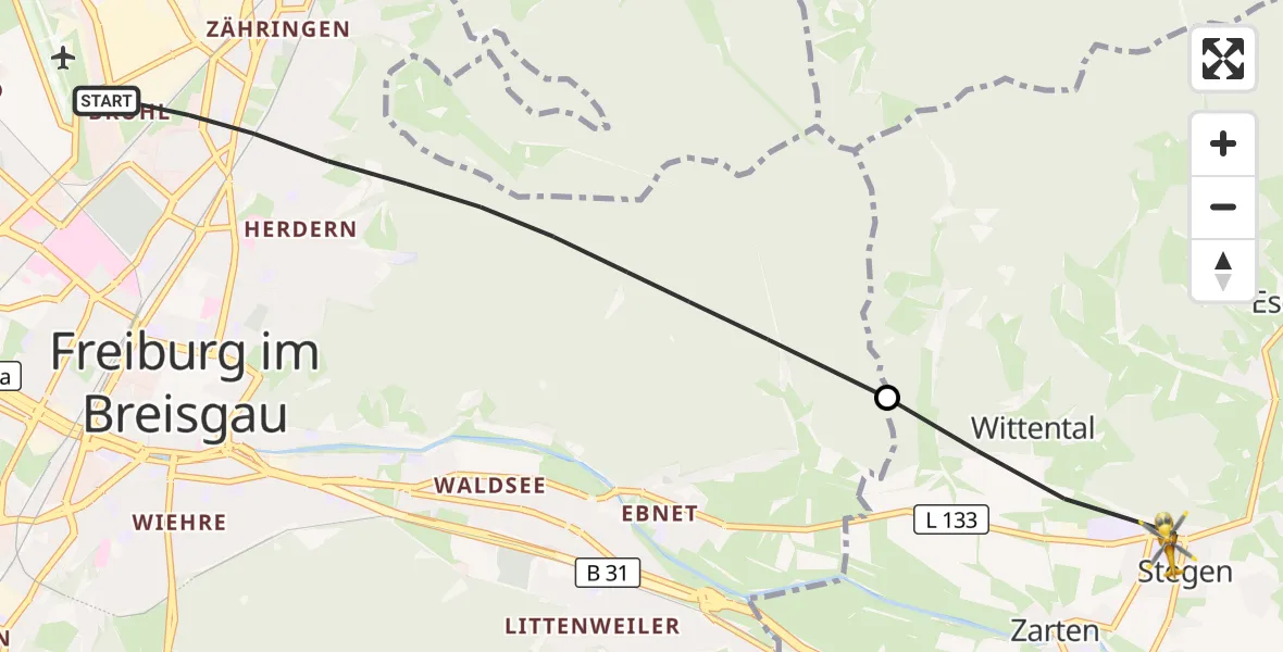 Flugroute Ambulanzhubschrauber Freiburg im Breisgau - Stegen, 10 September 2026, 06:00