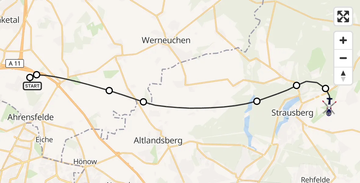 Flugroute Polizeihubschrauber Ahrensfelde Hubschrauberlandeplatz - Strausberg, 10 September 2026, 06:05