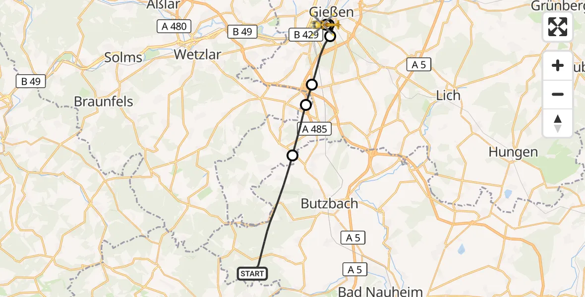 Flugroute Rettungshubschrauber Butzbach - Gießen University Hospital, 10 September 2026, 06:08