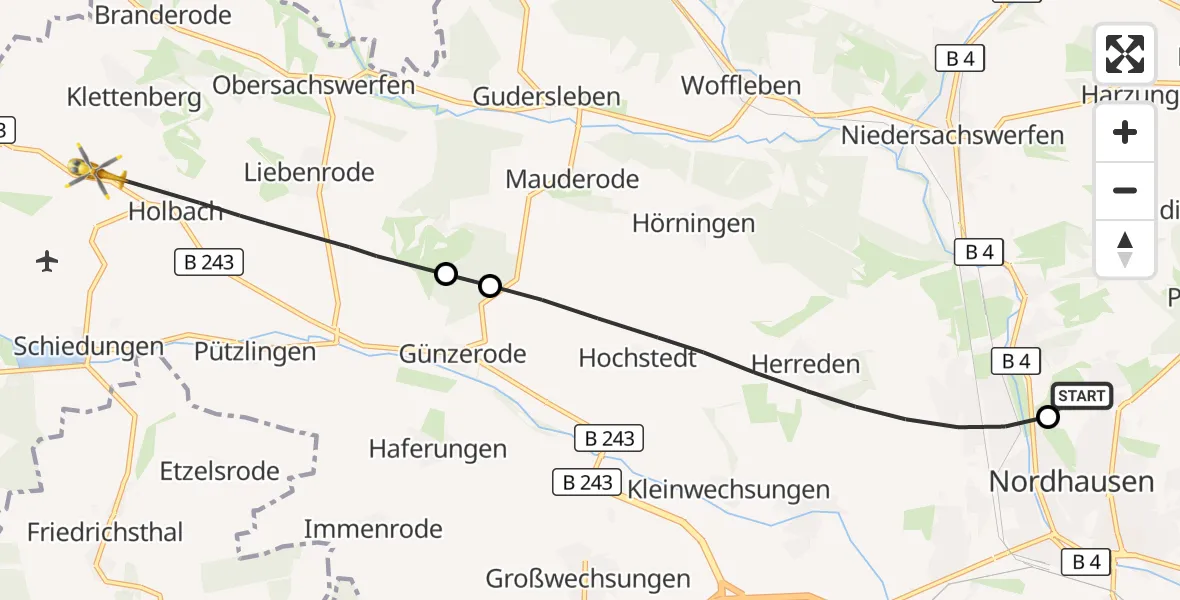 Flugroute Rettungshubschrauber Südharz Hospital Nordhausen - Hohenstein, 10 September 2026, 06:18