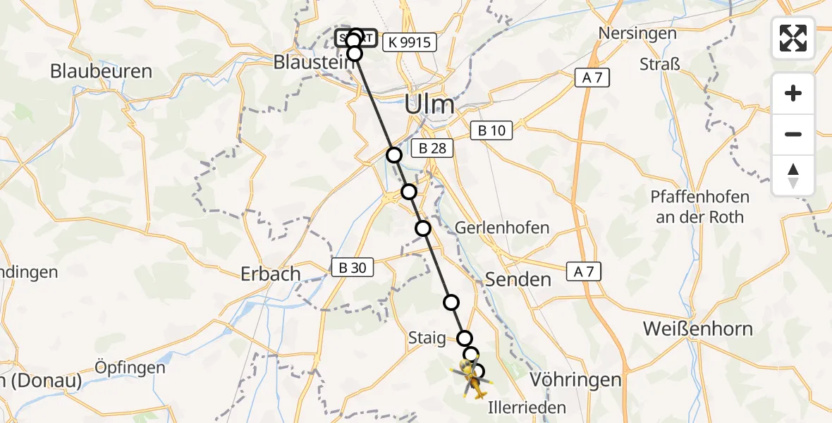 Flugroute Rettungshubschrauber Ulm Military Hospital Emergency - Illerrieden, 10 September 2026, 06:26