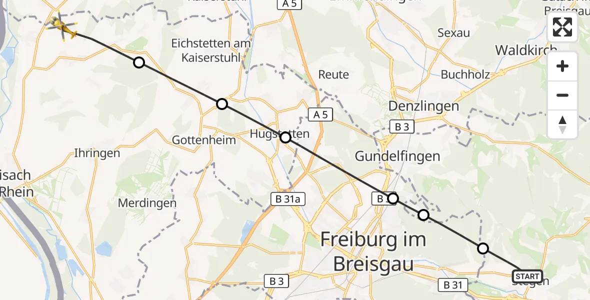 Flugroute Ambulanzhubschrauber Stegen - Vogtsburg im Kaiserstuhl, 10 September 2026, 06:26