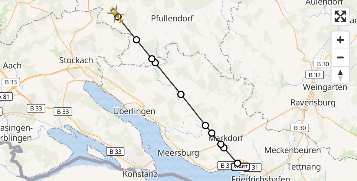 Flugroute Rettungshubschrauber Friedrichshafen Hospital - Sauldorf, 10 September 2026, 06:33
