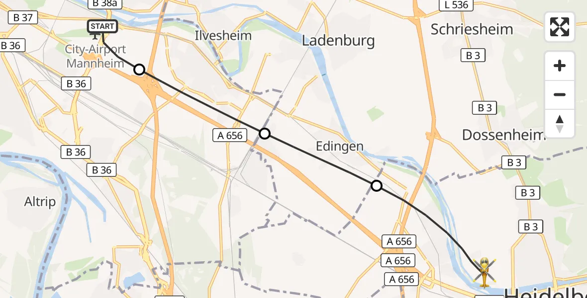 Flugroute Rettungshubschrauber Mannheim-City Flughafen - Heidelberg, 10 September 2026, 06:38