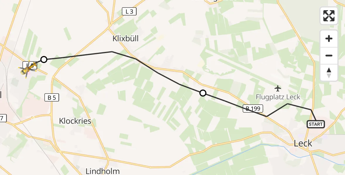 Flugroute Ambulanzhubschrauber Leck - Niebüll, 10 September 2026, 06:53