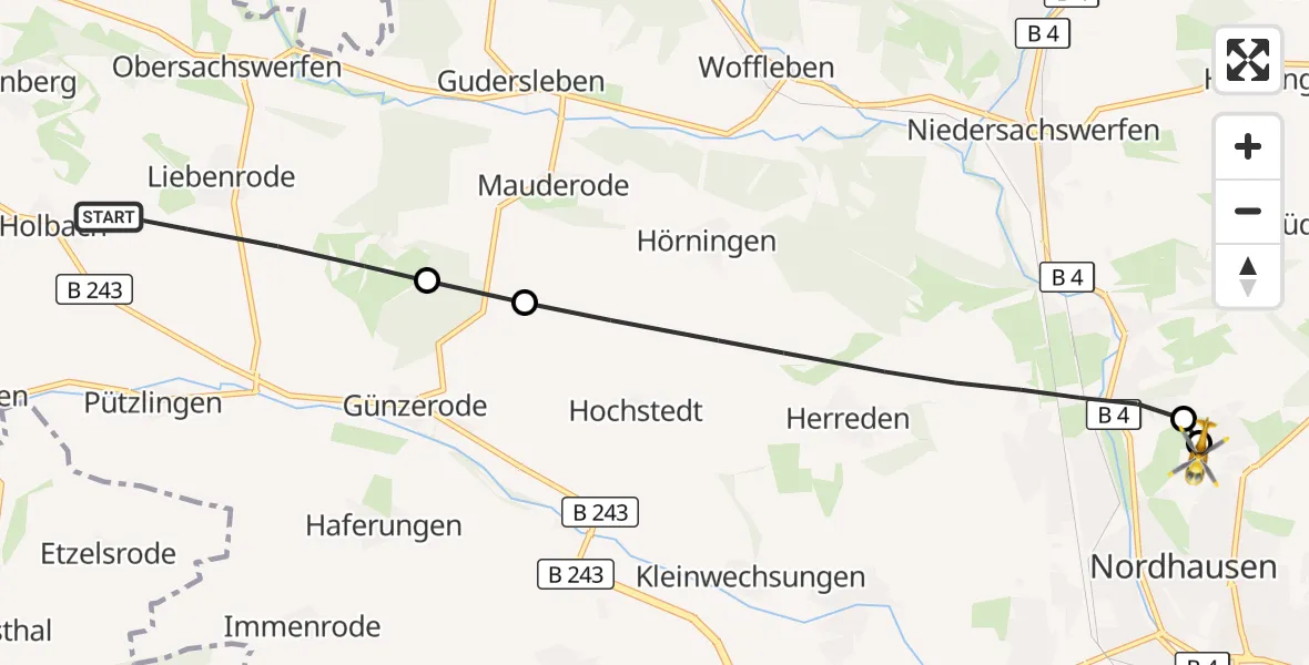 Flugroute Rettungshubschrauber Hohenstein - Südharz Hospital Nordhausen, 10 September 2026, 06:55