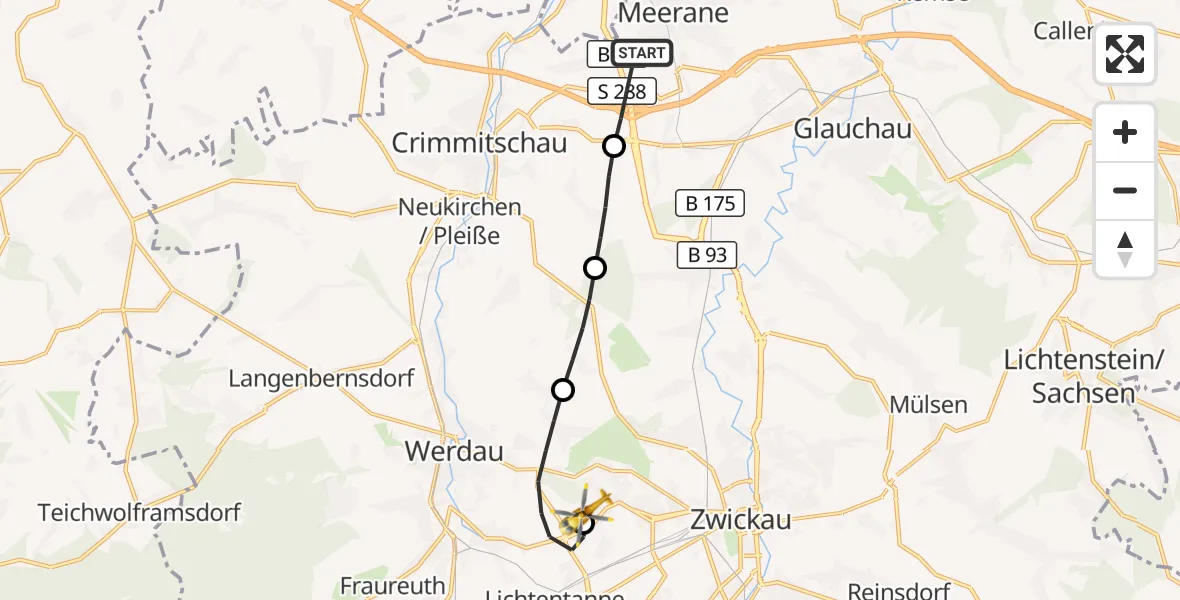 Flugroute Rettungshubschrauber Meerane - ADAC Air Rescue Station Zwickau Hubschrauberlandeplatz, 10 September 2026, 06:56