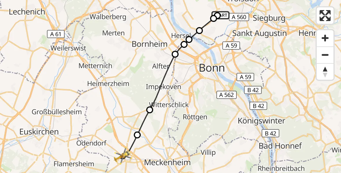 Flugroute Rettungshubschrauber Sankt Johannes Hospital - Rheinbach, 10 September 2026, 07:00