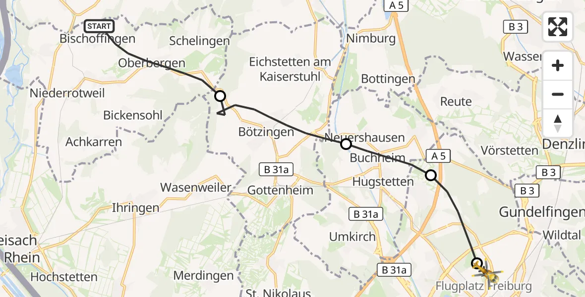 Flugroute Ambulanzhubschrauber Vogtsburg im Kaiserstuhl - Freiburg im Breisgau Flugplatz, 10 September 2026, 07:04