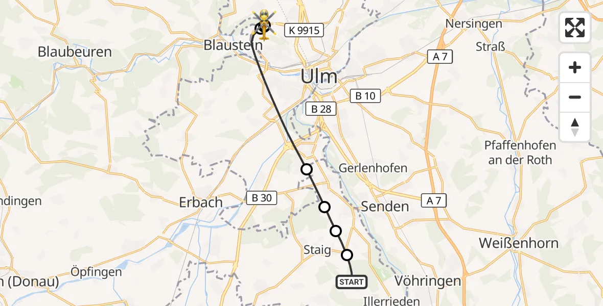 Flugroute Rettungshubschrauber Illerrieden - ADAC Air Rescue Station Ulm (Christoph 22), 10 September 2026, 07:04