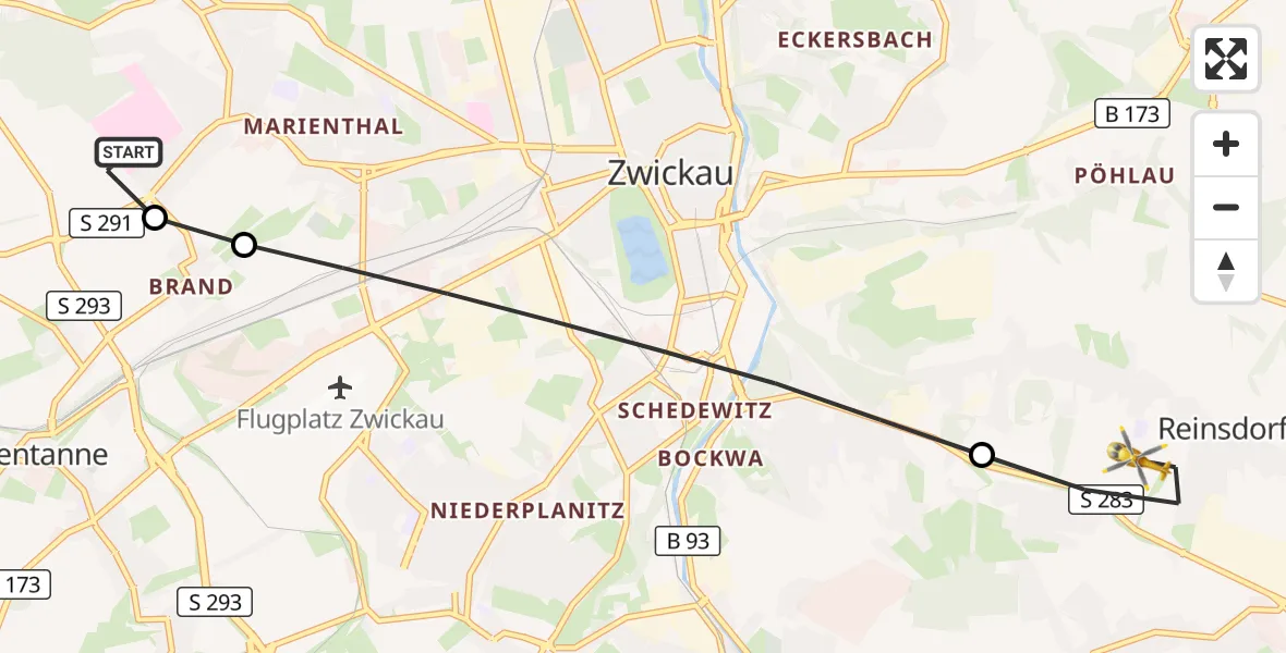 Flugroute Rettungshubschrauber ADAC Air Rescue Station Zwickau Hubschrauberlandeplatz - Reinsdorf, 10 September 2026, 07:12