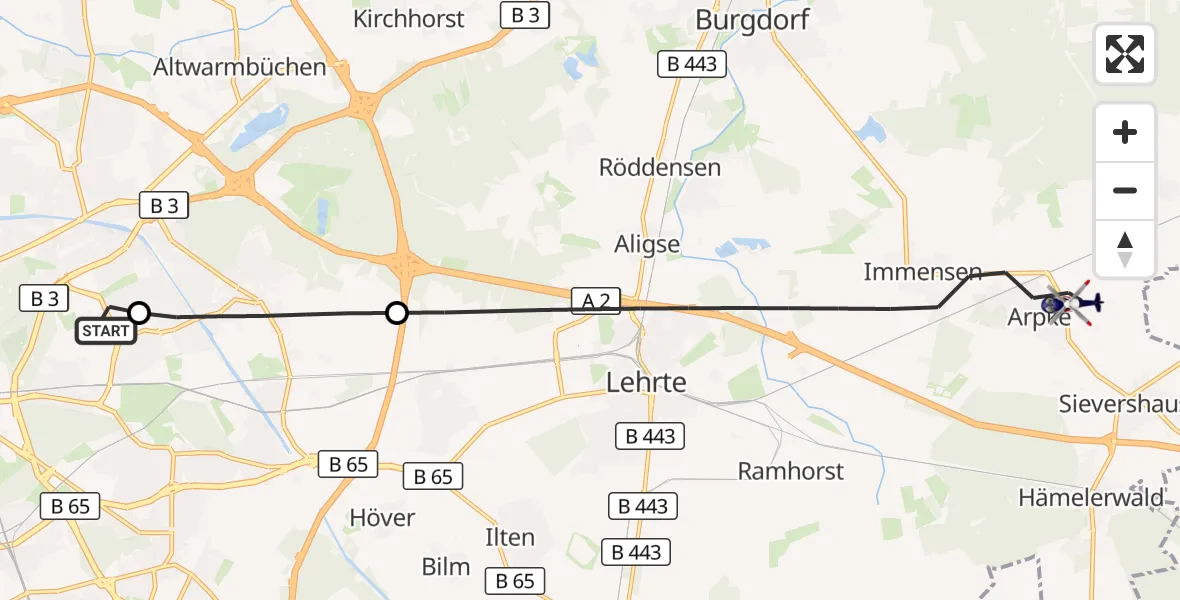 Flugroute Polizeihubschrauber Hannover Luftrettung Hubschrauberlandeplatz (Christoph 4) - Lehrte, 10 September 2026, 07:15