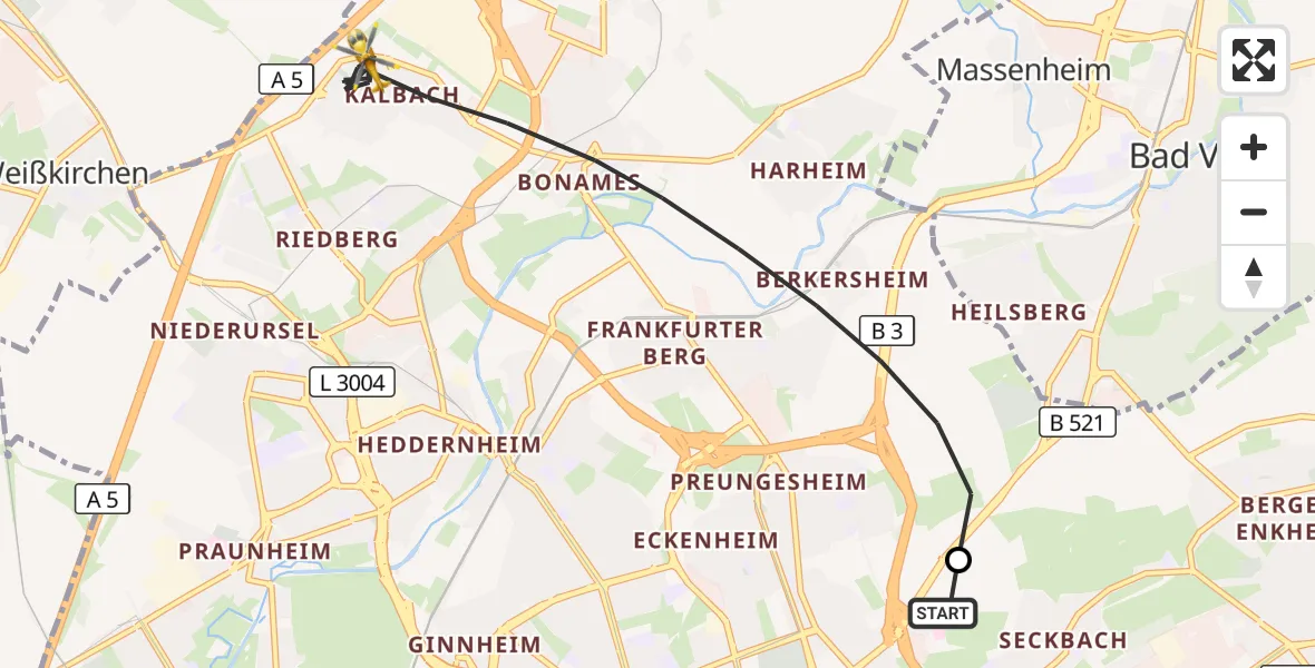 Flugroute Rettungshubschrauber Frankfurt am Main Accident Hospital Roof Helipad (CHX2) - Frankfurt am Main, 10 September 2026, 07:21