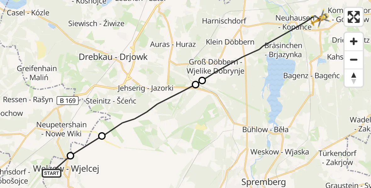 Flugroute Rettungshubschrauber Welzow - Neuhausen/Spree, 10 September 2026, 07:22