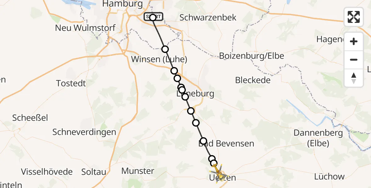 Flugroute Rettungshubschrauber Christoph Hansa ADAC Hubschrauberlandeplatz - Uelzen, 10 September 2026, 07:28