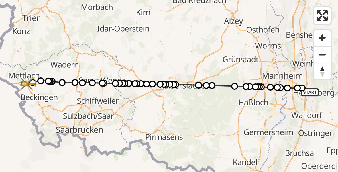 Flugroute Rettungshubschrauber Heidelberg - Merzig, 10 September 2026, 07:32