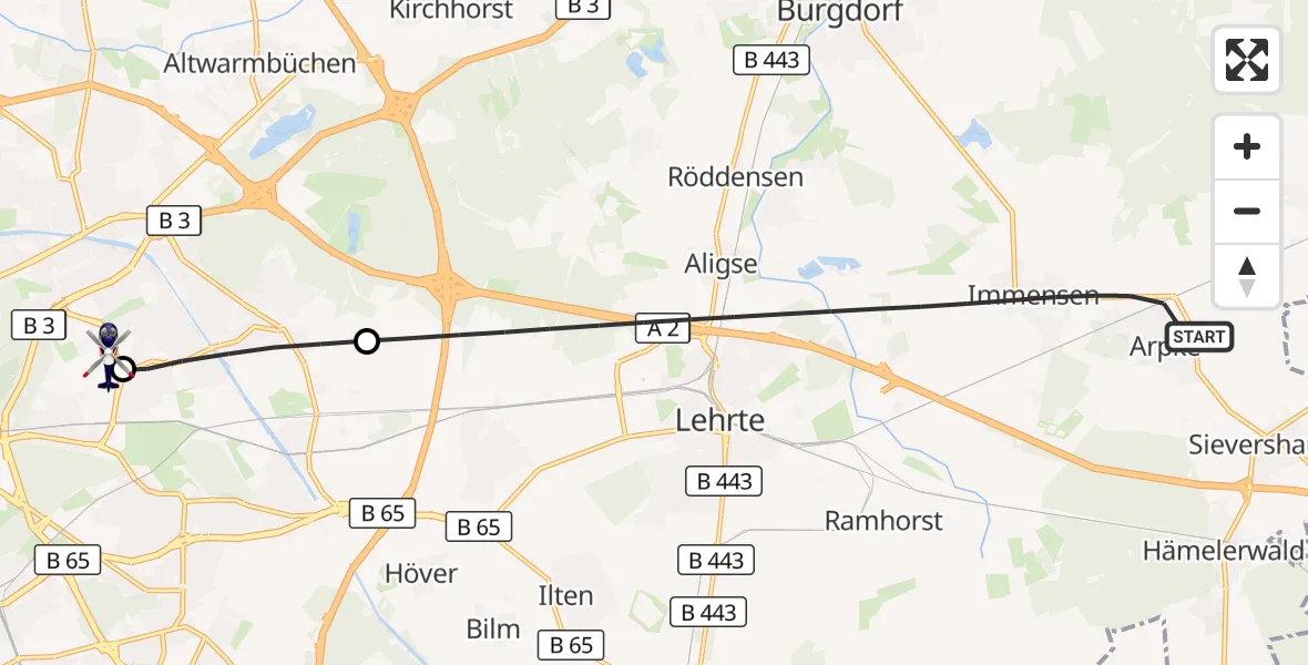 Flugroute Polizeihubschrauber Lehrte - Hannover Luftrettung Hubschrauberlandeplatz (Christoph 4), 10 September 2026, 07:34
