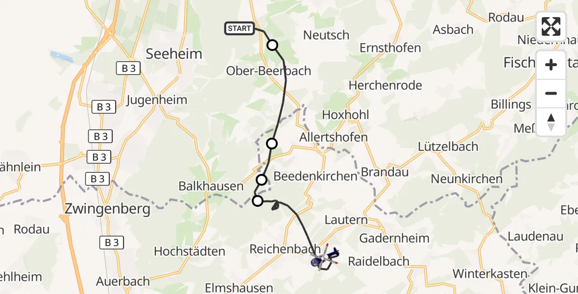 Flugroute Polizeihubschrauber Mühltal - Lautertal (Odenwald), 10 September 2026, 07:45