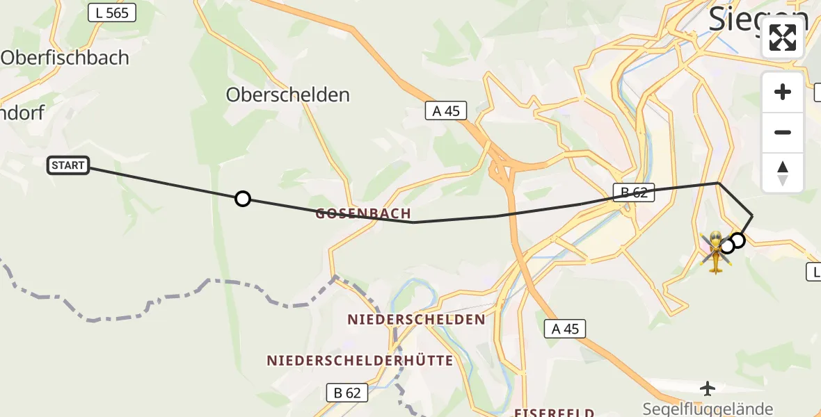 Flugroute Rettungshubschrauber Freudenberg - Evangelisches Jung-Stilling Hospital, 10 September 2026, 07:46