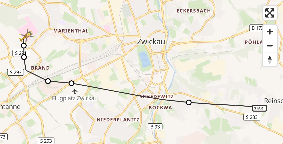 Flugroute Rettungshubschrauber Reinsdorf - ADAC Air Rescue Station Zwickau Hubschrauberlandeplatz, 10 September 2026, 07:46