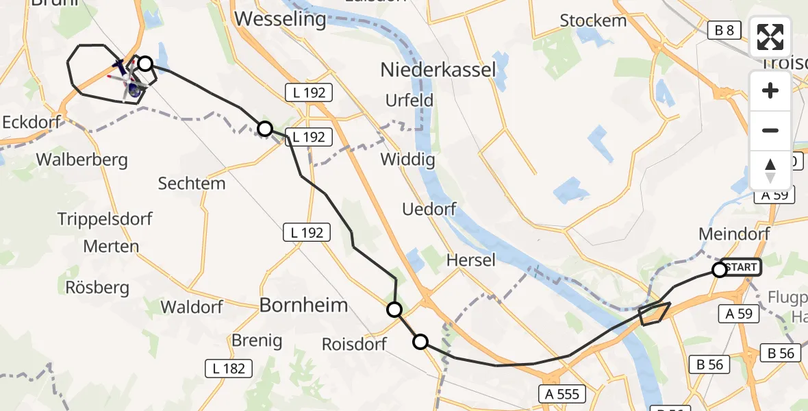 Flugroute Polizeihubschrauber Sankt Augustin - Brühl, 10 September 2026, 07:49