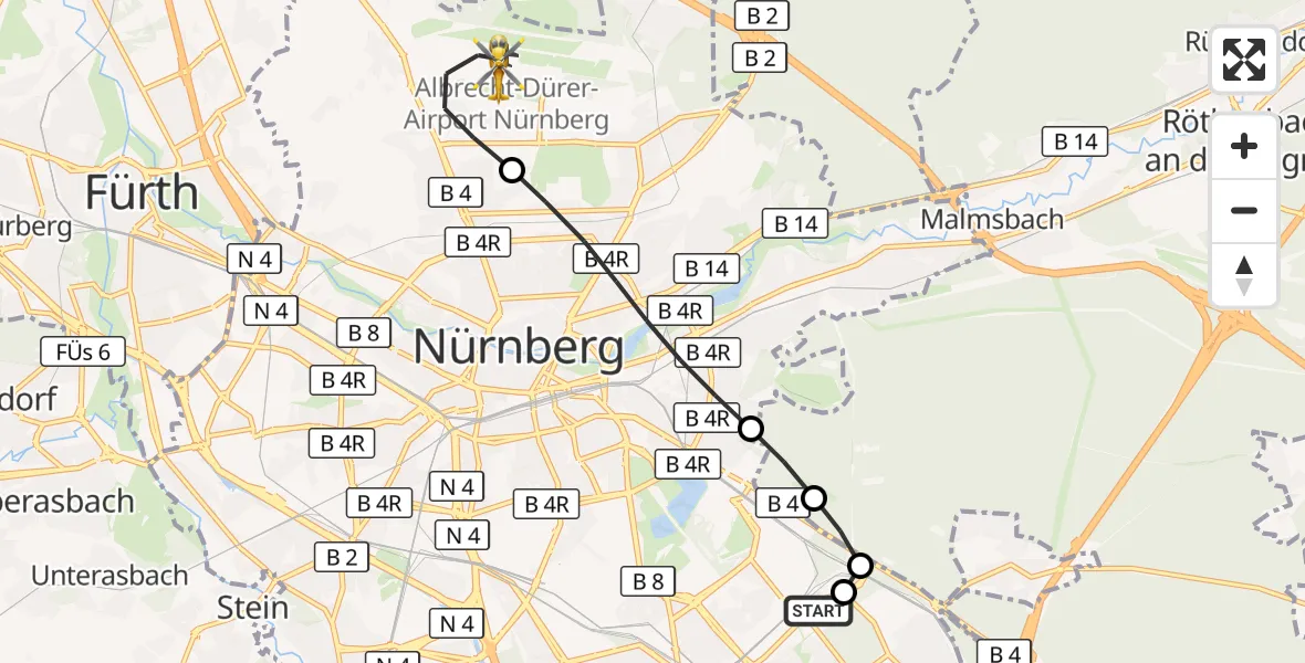 Flugroute Ambulanzhubschrauber Nürnberg South Hospital - Flughafen Nuremberg, 10 September 2026, 07:58