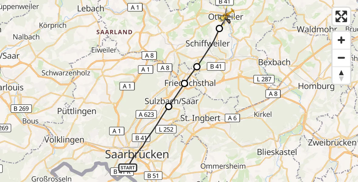 Flugroute Rettungshubschrauber Saarbrücken - Ottweiler, 10 September 2026, 07:59