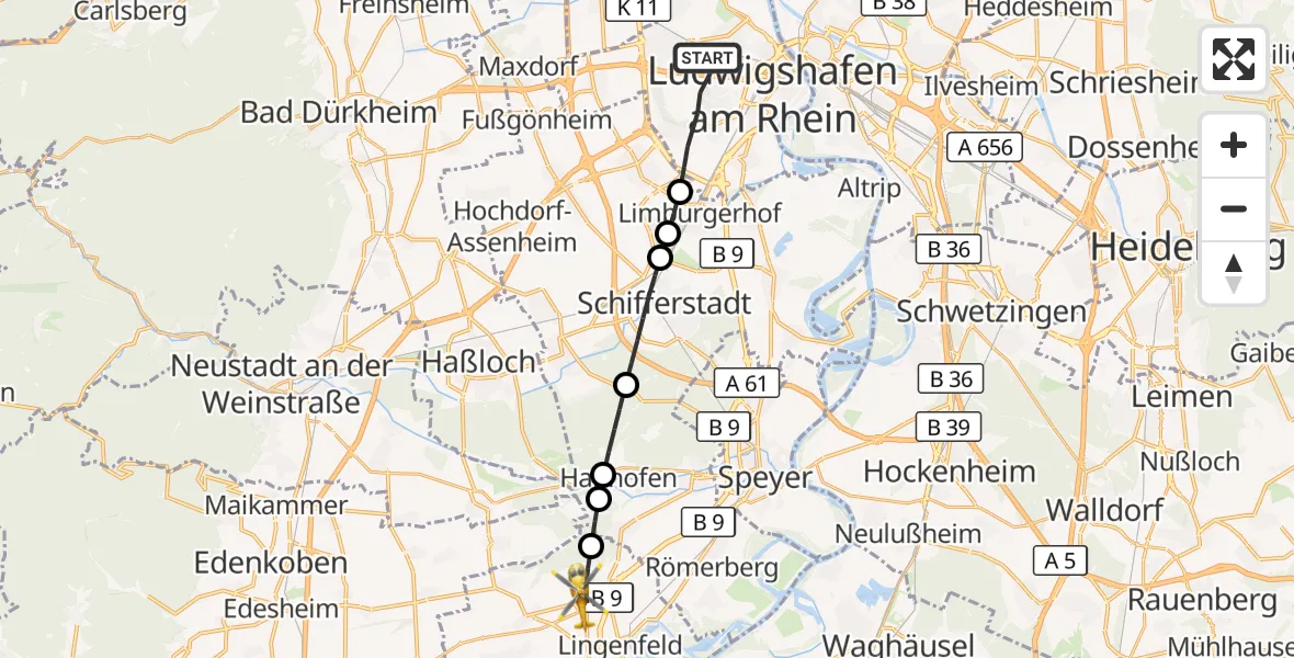 Flugroute Rettungshubschrauber Ludwigshafen am Rhein - Schwegenheim, 10 September 2026, 08:00