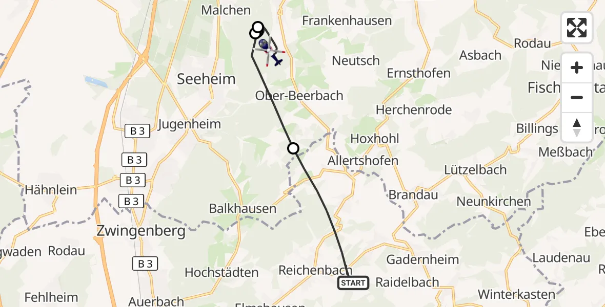 Flugroute Polizeihubschrauber Lautertal (Odenwald) - Mühltal, 10 September 2026, 08:08