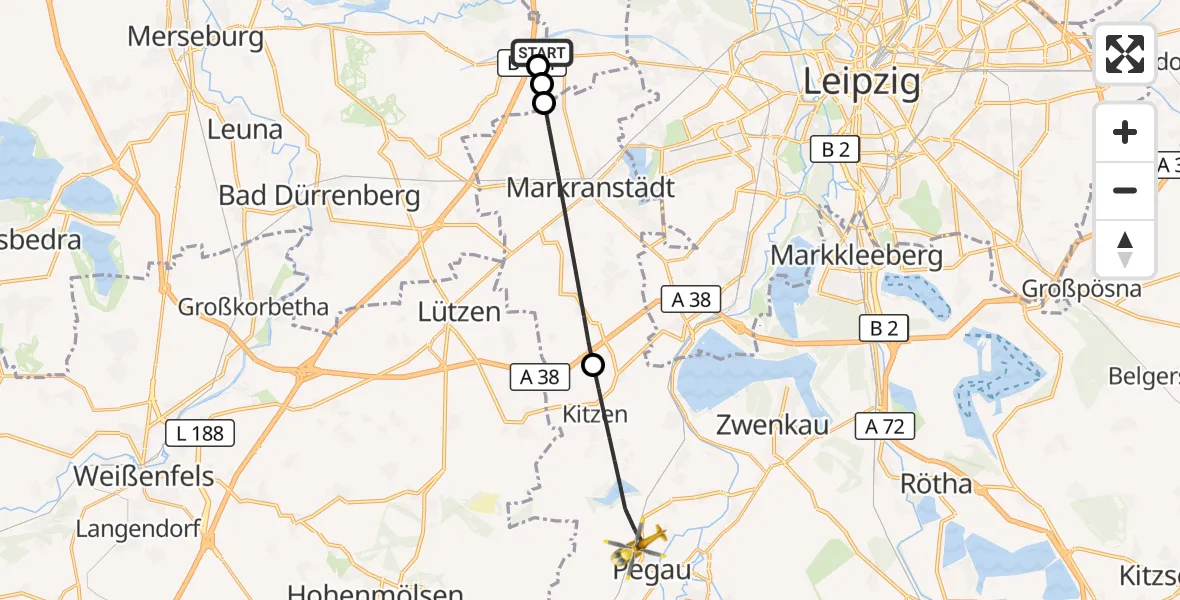 Flugroute Rettungshubschrauber ADAC Air Rescue Station Leipzig/Schkeuditz-Dölzig Hubschrauberlandeplatz (Christoph 61) - Pegau, 10 September 2026, 08:11