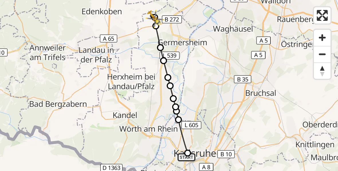 Flugroute Ambulanzhubschrauber Sankt Vincentius Hospital - Freisbach, 10 September 2026, 08:14