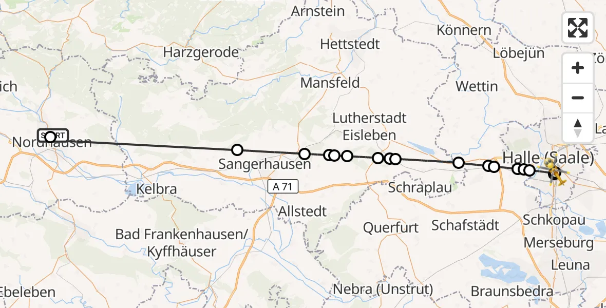 Flugroute Rettungshubschrauber Südharz Hospital Nordhausen - BG Hospital Bergmannstrost Halle, 10 September 2026, 08:26