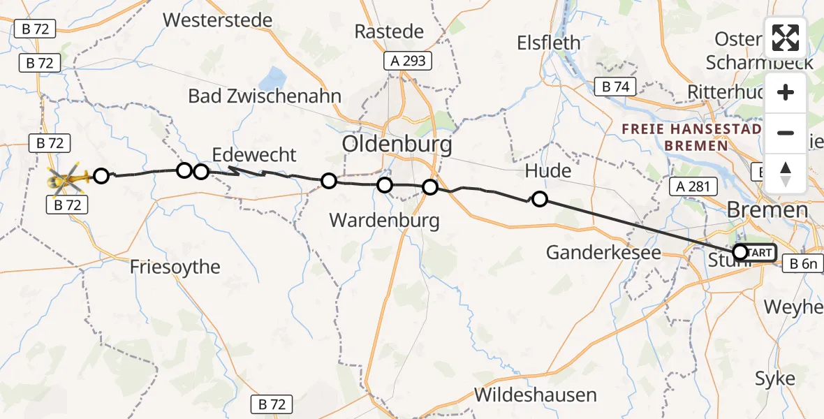 Flugroute Rettungshubschrauber Flughafen Bremen - Saterland, 10 September 2026, 08:27