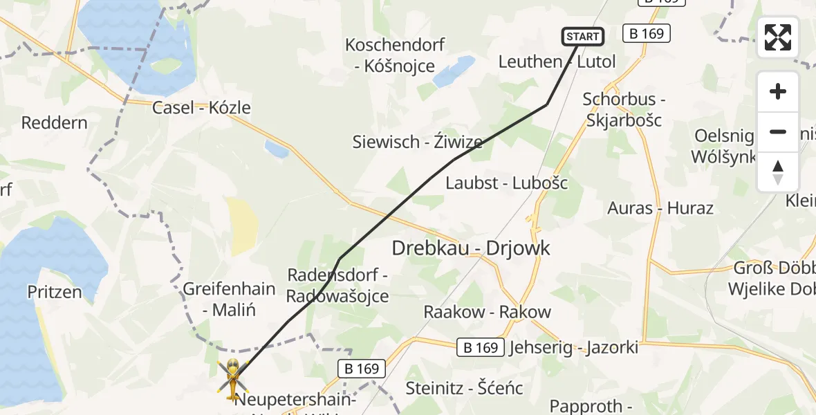 Flugroute Rettungshubschrauber Drebkau - Neupetershain, 10 September 2026, 08:37