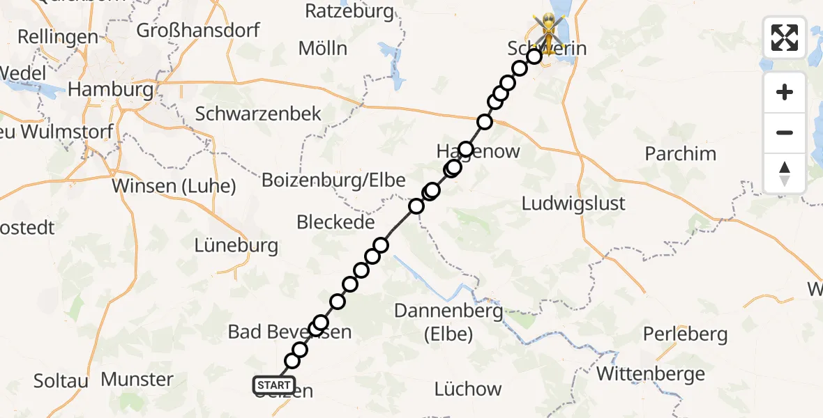 Flugroute Rettungshubschrauber Uelzen - Schwerin, 10 September 2026, 08:38