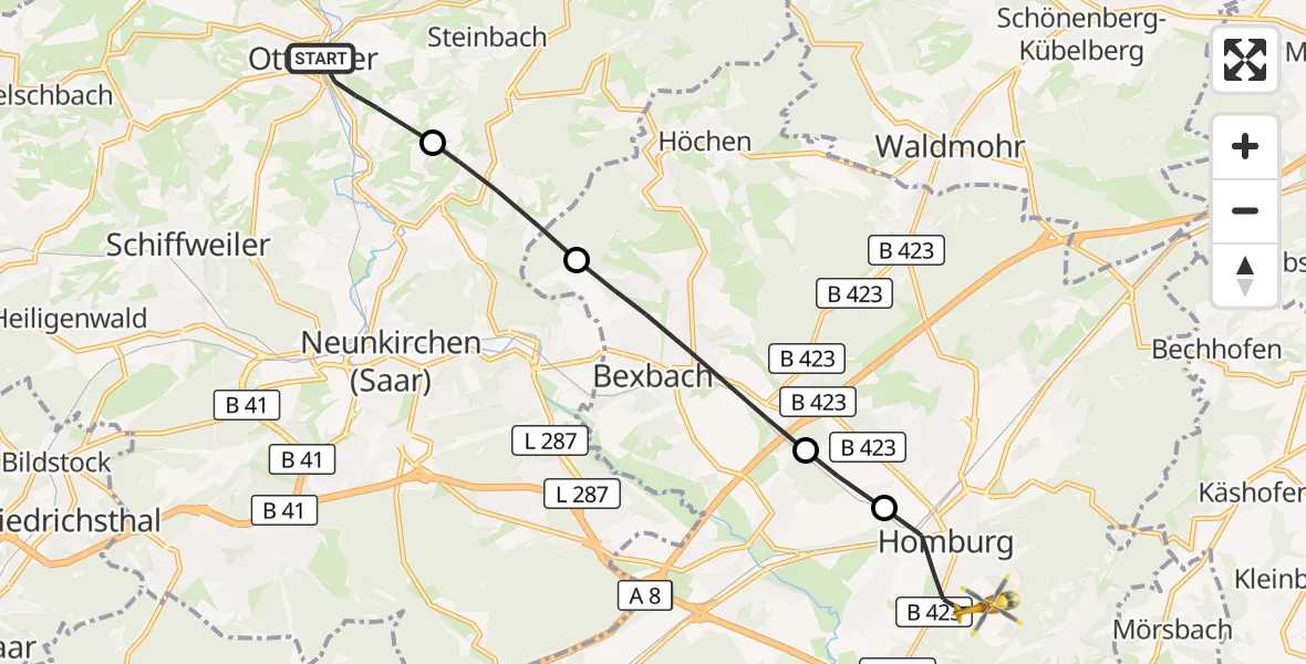Flugroute Rettungshubschrauber Ottweiler - Homburg, 10 September 2026, 08:40