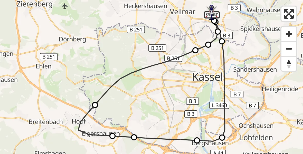 Flugroute Polizeihubschrauber Fuldatal Bundespolizei Hubschrauberlandeplatz - Fuldatal Bundespolizei Hubschrauberlandeplatz, 10 September 2026, 08:51