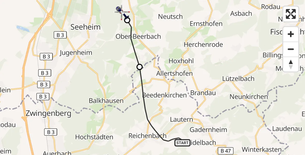 Flugroute Polizeihubschrauber Lautertal (Odenwald) - Mühltal, 10 September 2026, 08:53