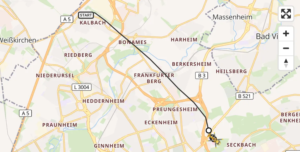 Flugroute Rettungshubschrauber Frankfurt am Main - Frankfurt am Main Accident Hospital Roof Helipad (CHX2), 10 September 2026, 08:54