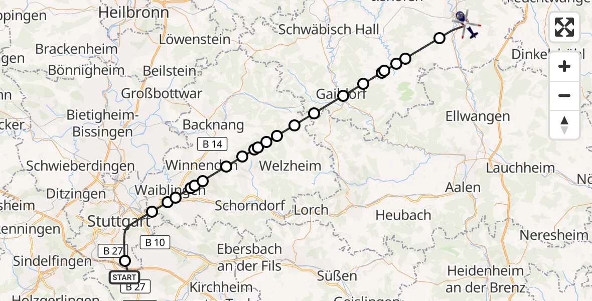 Flugroute Polizeihubschrauber Flughafen Stuttgart - Crailsheim, 10 September 2026, 08:56